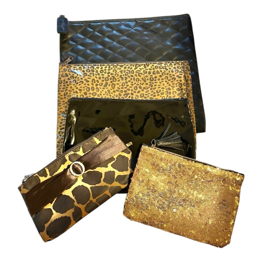 Makeup cosmetic pouch Bags 5 pc elegant Black Gold and Animal Print neutral